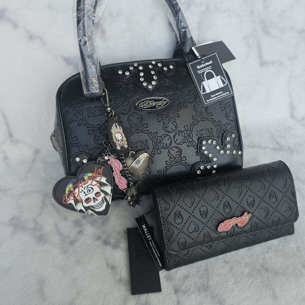 Ed Hardy Black Satchel with Skull Charm & Matching Wallet